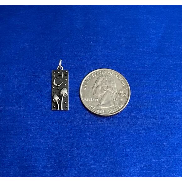 Sterling Silver Rectangle Mushroom and Moon Charm,  Mushroom Moon Stars Pendant - Picture 3 of 8